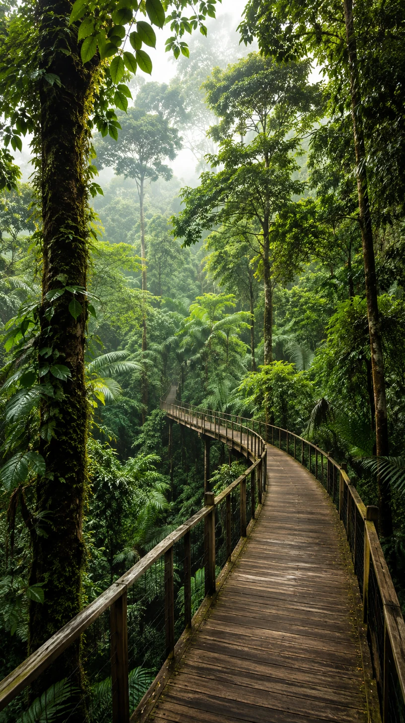 Misty canopy walkway through a Malaysian rainforest